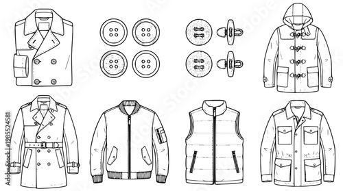 Various coats and jackets with buttons and zippers illustration