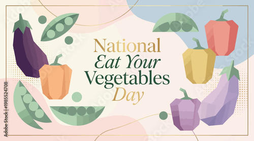 National Eat Your Vegetables Day celebration with colorful illustrations of various vegetables like eggplants, bell peppers, and peas.