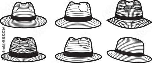 A collection of six different patterned beanies laid flat side by side Vector