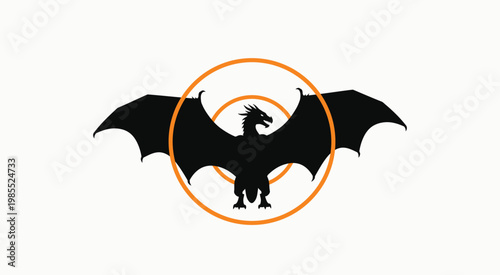Silhouette of a black dragon with its wings spread wide against concentric orange circles.