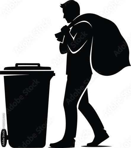 Black silhouette of man walking with trash bag and bin garbage