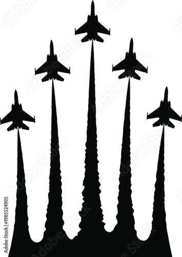 Black silhouette of five fighter jets flying upwards with contrails airplanes aircraft