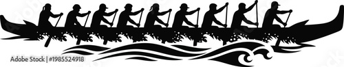 Black silhouette of people rowing a boat on wavy water silhouettes