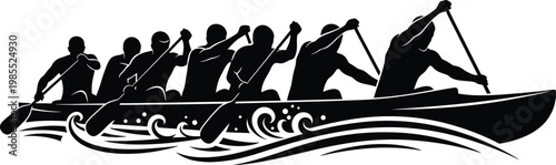 Black silhouette of rowers in a boat on water rowing silhouettes waves