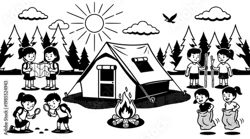 children on a camping trip with a tent and fire