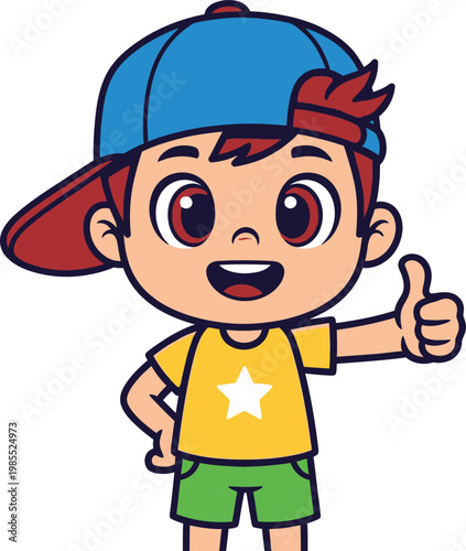 Cartoon boy in yellow shirt and blue cap giving thumbs up child smiling