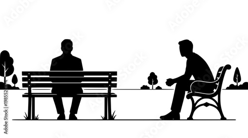 Two men sitting on separate benches in a park