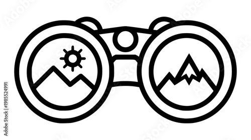 Vector illustration of binoculars with mountain views and sun