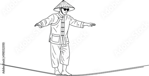 Man in conical hat balancing on tightrope walking