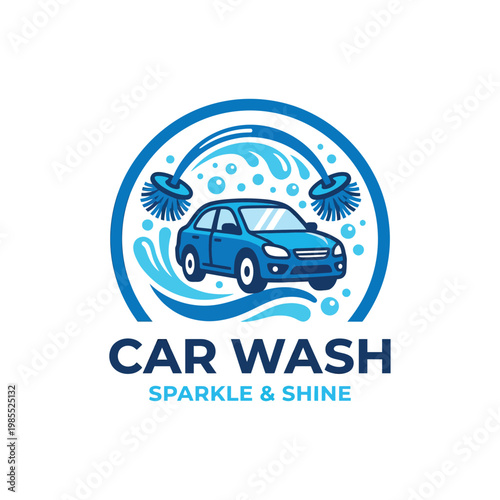 Car Wash Logo: A Blue Sedan Being Washed with Brushes and Bubbles