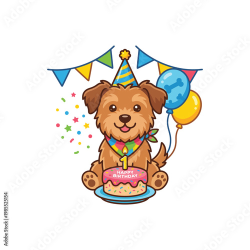 Cute Puppy 1st Birthday Cartoon Illustration