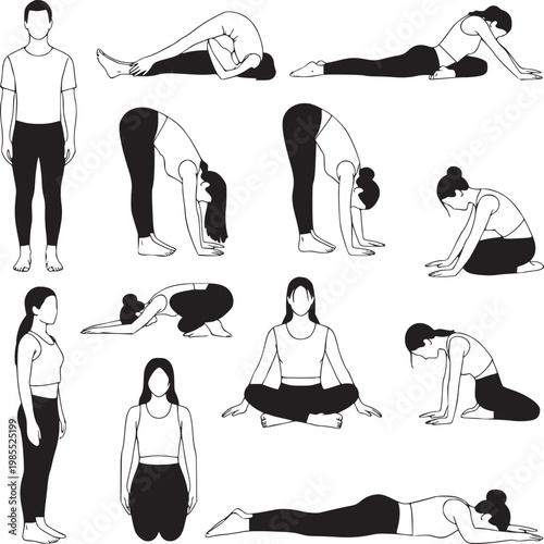 Flat lay illustration of diverse people performing yoga poses and exercises for wellness and fitness