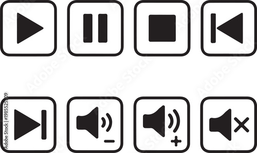 Audio control icons, media player buttons, playback symbols, sound and video navigation set