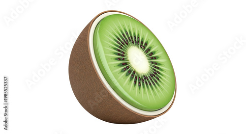 Half of a ripe kiwi fruit with detailed cross-section