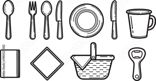 A collection of simple drawn objects including utensils, shapes, and a pot Vector