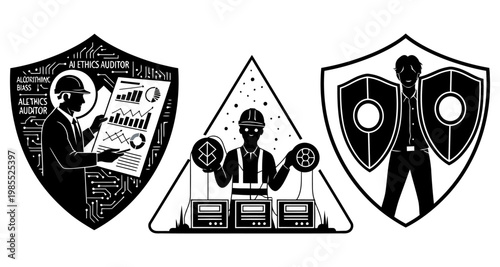 Business audit and security silhouettes against circuit board and abstract shapes