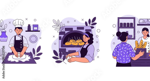 Chef Kneads Dough Bakes Bread In Oven And Sells Loaves At A Bakery Shop Service Process Illustration