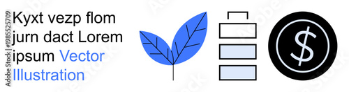 Sustainable energy, renewable resources, eco-finance, environmental solutions, green technology, resource efficiency. A blue leaf, battery icons and a dollar symbol. Sustainability and renewable