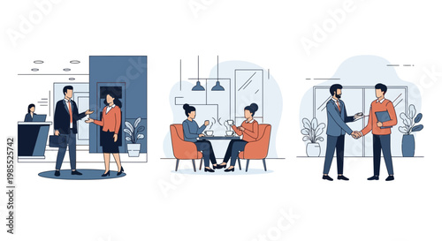 Business people meet talk work deal shake hand team group office staff networking professional flat design icons set