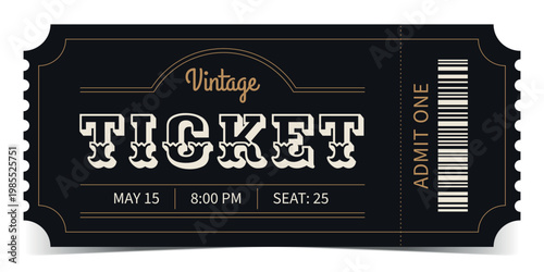 Vintage admission ticket vector template in black and gold with barcode. retro event pass design for concerts, cinema, parties, and invitations.