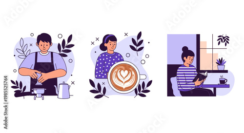 A man making coffee a girl with latte a woman reading a book in a cafe