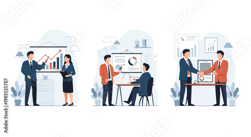 Expert business team shows data graph and shakes hands for a new deal in office