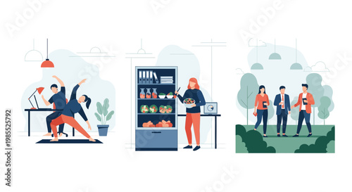 Corporate wellness culture healthy employees doing yoga eating salad and walking together in the city park