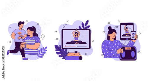 People using smart gadgets for jogging yoga and weight tracking in a modern digital wellness journey