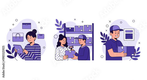 Shop buy order pack ship send box mail fast web app icon set flat art