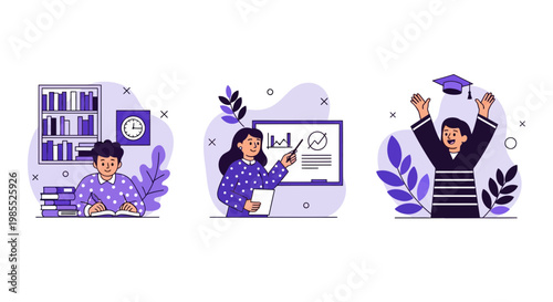 Boy study book library girl present data chart student graduate win success joy learn school college goal achievement path