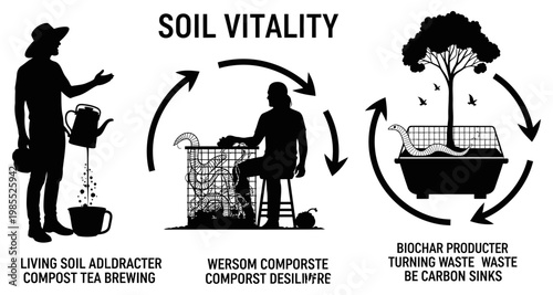 Farmer brewing compost tea near living soil and biochar production silhouette