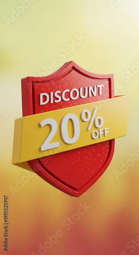 Red shield with yellow banner displaying 20% discount in white, symbolizing promotion and savings, attractive for retail or advertisement