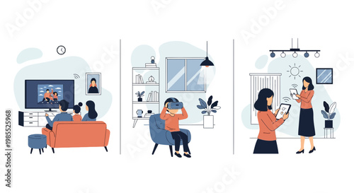 People use a tv and a vr and a tablet for fun at home digitally