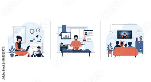 A mom a dad a boy a girl work play eat stay home and live well today