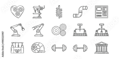 Various industrial and mechanical icons and symbols in line art style  industrial concepts