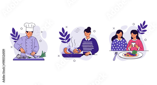 Professional chef preparing ingredients while woman cooks food and friends enjoy eating a healthy meal together