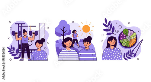 Set healthy life gym run eat food fit girl work out walk sun meal plan