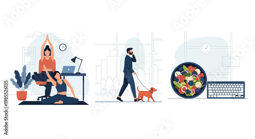 Professional healthy work life balance including yoga exercise walking dog and eating salad at office