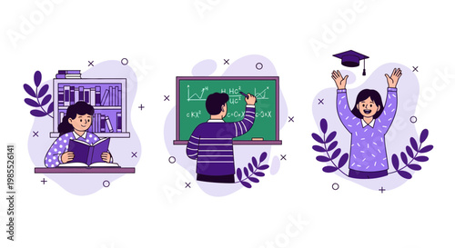 Students study in library write on board and celebrate graduation success to achieve higher education goals