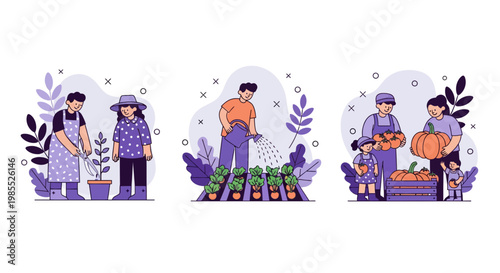 People gardening harvesting vegetables watering plants pruning flowers at home garden with family and friends