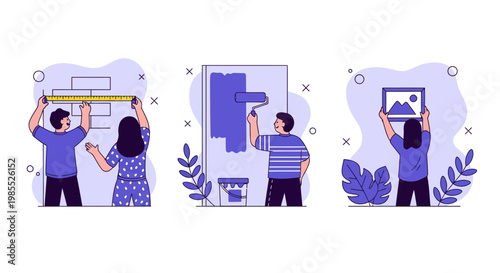 Home Renovation Project People Painting Walls Measuring Spaces Hanging Pictures House Improvement DIY Interior Design Task