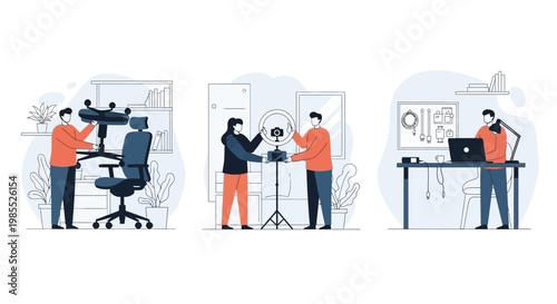 A man set up room home desk tech lamp seat gear task job view vlog