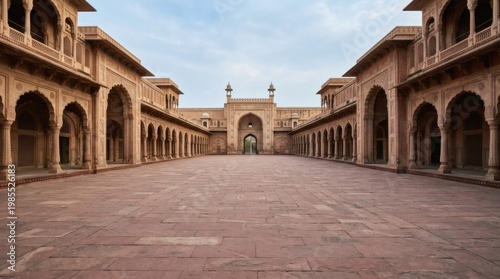 Historic palace courtyard featuring traditional red sandstone architecture with majestic arches plus intricate pillars surrounding large stone square under clear blue sky in majestic india style.
