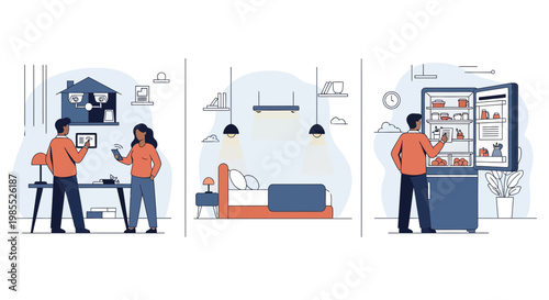 People using integrated smart home technology for security lighting and also for modern kitchen appliances