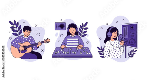 Music production workflow stages showing man playing guitar woman mixing and female artist singing