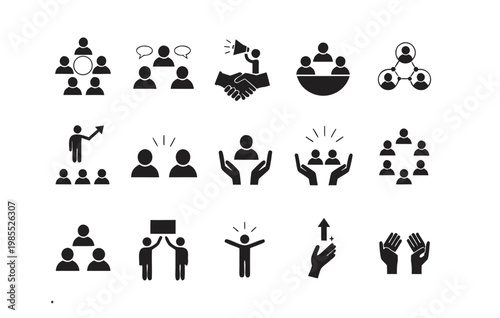 Black silhouettes of people communicating and interacting in various ways  teamwork and collaboration