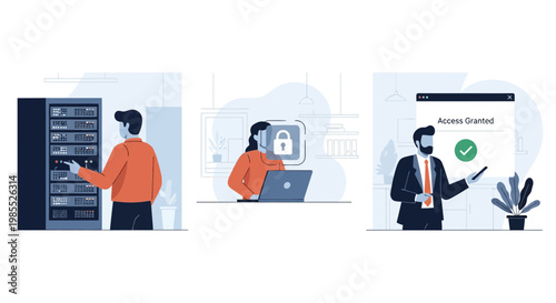 Network data security server management facial recognition lock and access granted web system flat vector illustration design