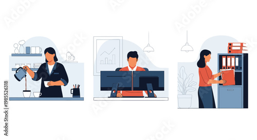 A man lady at desk with file and cup plus computer in office work team