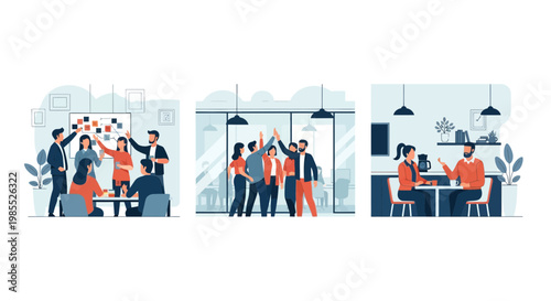 Professional business team collaborating on project brainstorming meeting and celebrating success in modern workspace office environment flat vector illustration