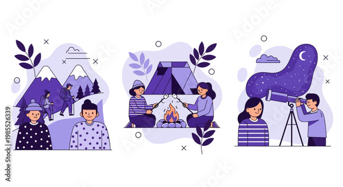 hike camp tent fire snow star hill trek wood park peak sky and fun joy